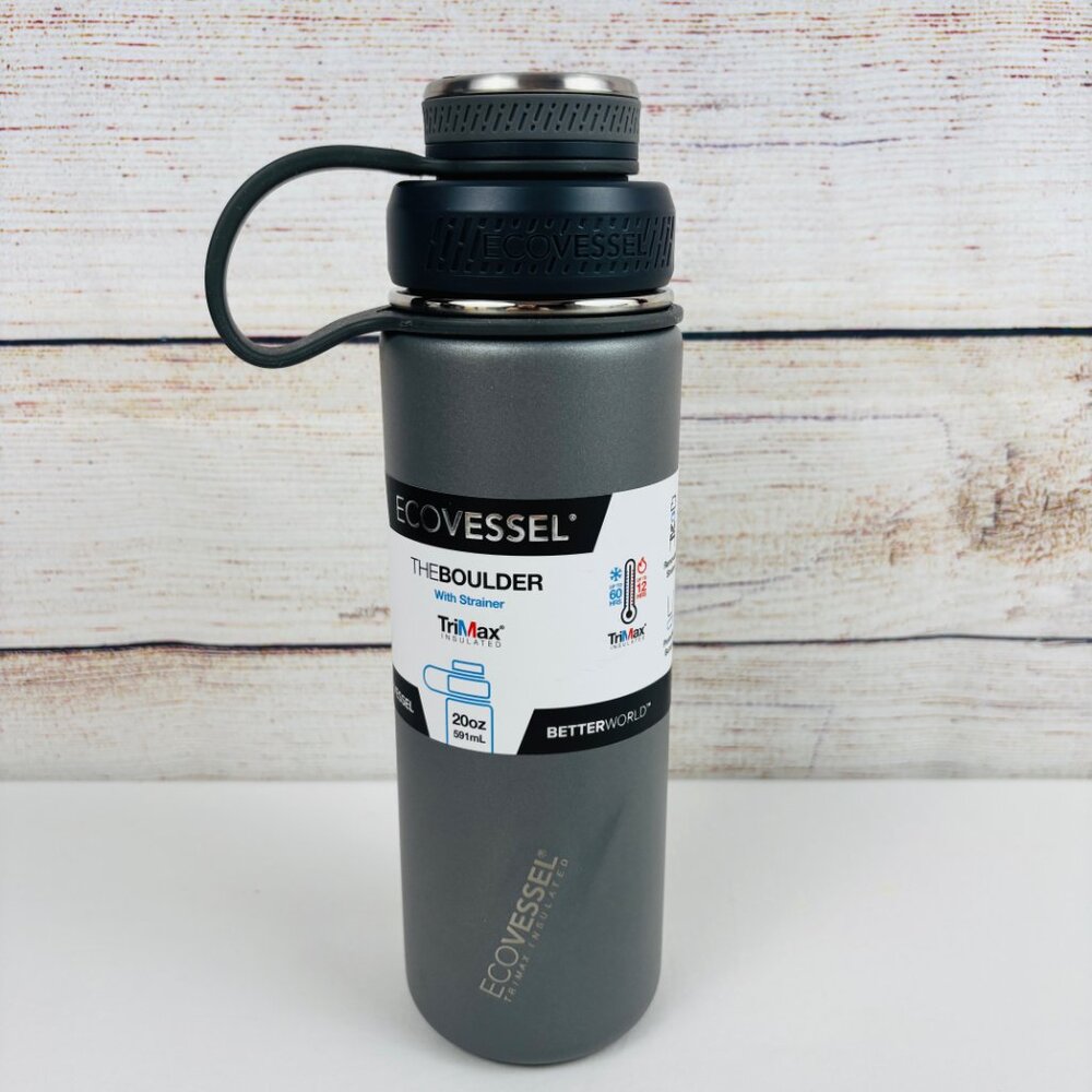 EcoVessel The Boulder 20oz Bottle Insulated Stainless Steel & Strainer Gray